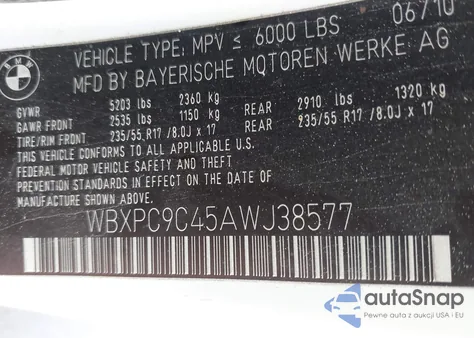 2010 BMW X3 xDrive30I z USA, uszkodzony, nr VIN WBXPC9C45AWJ38577